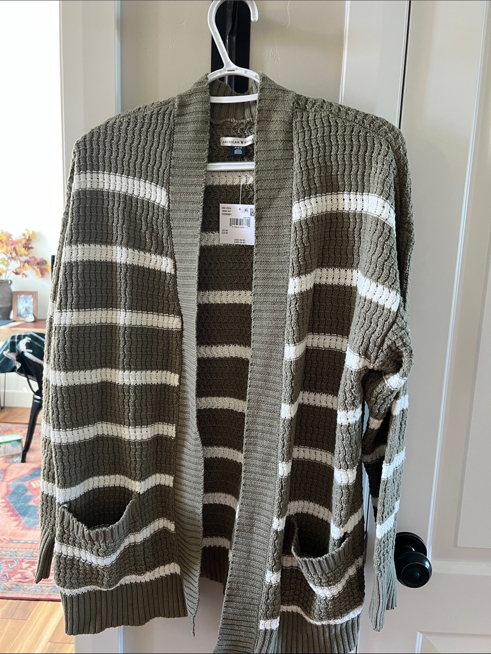 American Eagle Outfitters Olive & White Striped Open-Front Cardigan